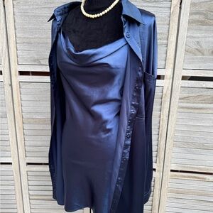 Princess Polly Navy Slip Dress and Satin Shirt Set Size 10